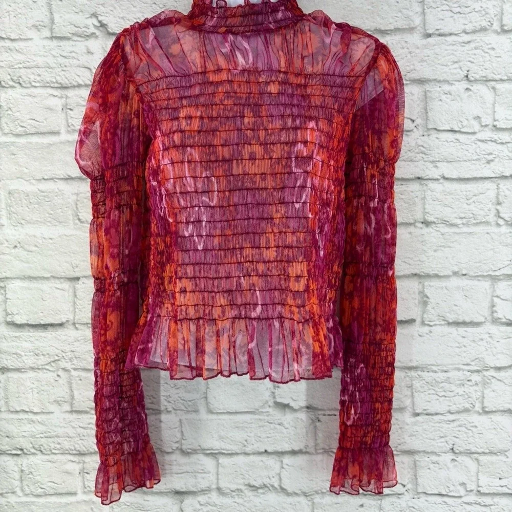 Free People Hello There Floral Boho Top Smocked Mesh See Measurements